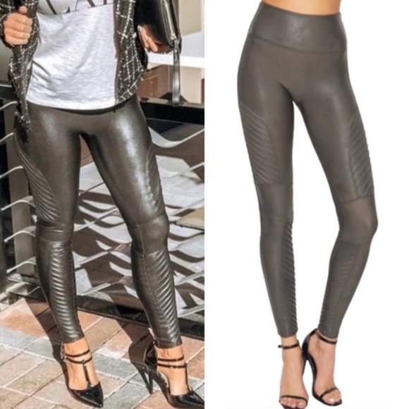 SPANX Faux Leather Moto Leggings in Gunmetal - Picture 3 of 7